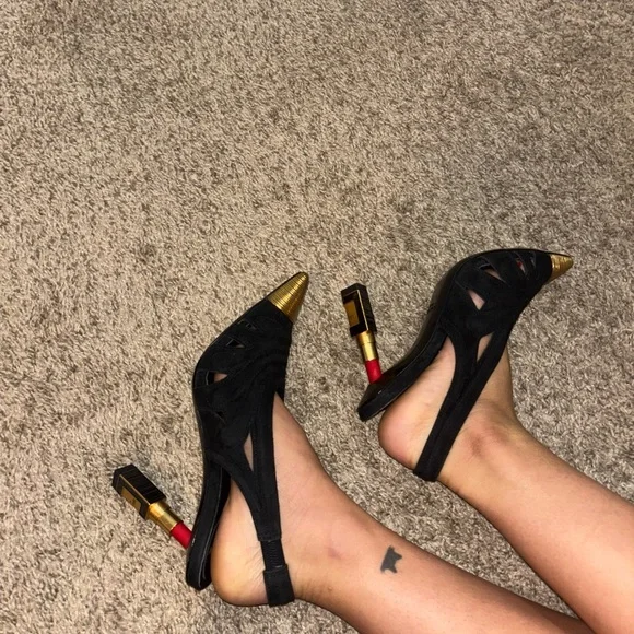 Balmain Black and Gold Cutout Slingback Heels - Picture 2 of 8